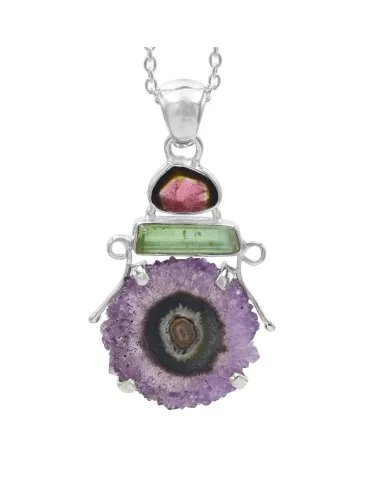 Amethyst Slice & Tourmaline Pendant - Handmade 925 Sterling Silver Jewelry