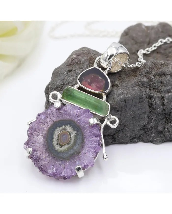 Amethyst Slice & Tourmaline Pendant - Handmade 925 Sterling Silver Jewelry