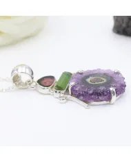 Amethyst Slice & Tourmaline Pendant - Handmade 925 Sterling Silver Jewelry