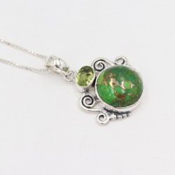 Green Copper Turquoise Necklaces, 925 Silver Pendant, Women's Pendant, Peridot Pendant, Round Gemstone Pendant, Designer Pendant