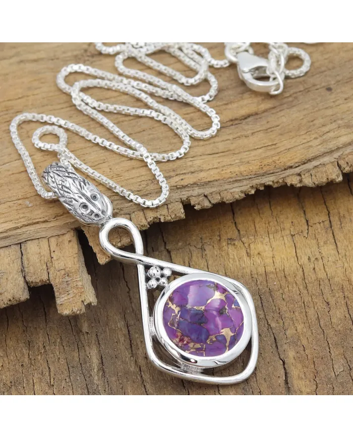 Purple Copper Turquoise Infinity Pendant Necklace In Sterling Silver