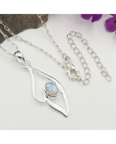 Rainbow Moonstone Pendant Necklace in 925 Sterling Silver