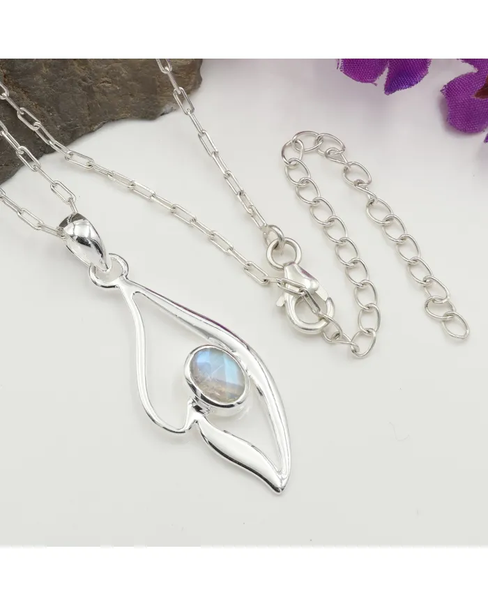Rainbow Moonstone Pendant Necklace in 925 Sterling Silver