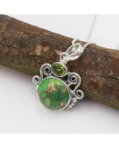 Green Copper Turquoise & Peridot Pendant - 925 Sterling Silver Jewelry
