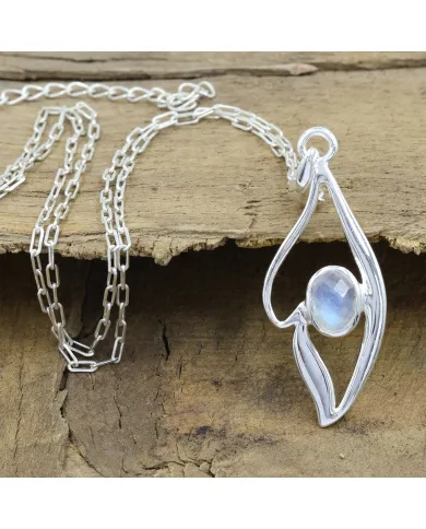 Rainbow Moonstone Pendant Necklace in 925 Sterling Silver