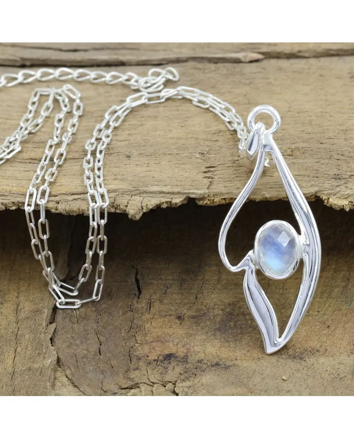 Rainbow Moonstone Pendant Necklace in 925 Sterling Silver