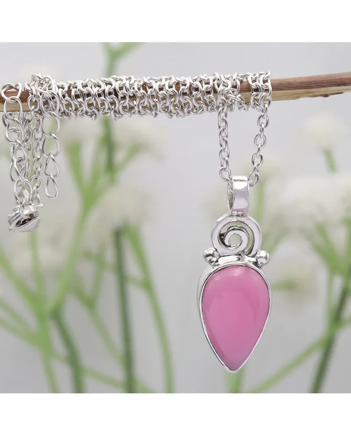 Pink Opal Pendant Necklace, 925 Sterling Silver Handmade Boho Jewelry