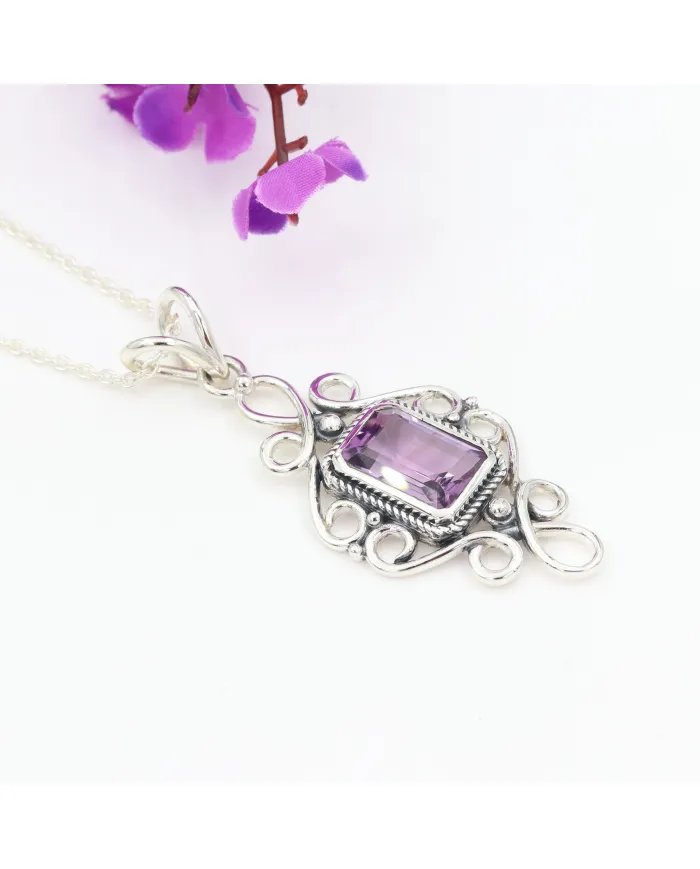 Natural Amethyst Pendant - 925 Sterling Silver Handmade Boho Jewelry