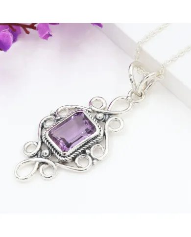 Natural Amethyst Pendant - 925 Sterling Silver Handmade Boho Jewelry