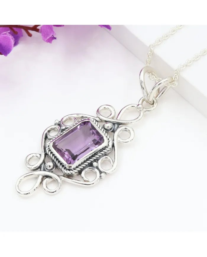 Natural Amethyst Pendant - 925 Sterling Silver Handmade Boho Jewelry