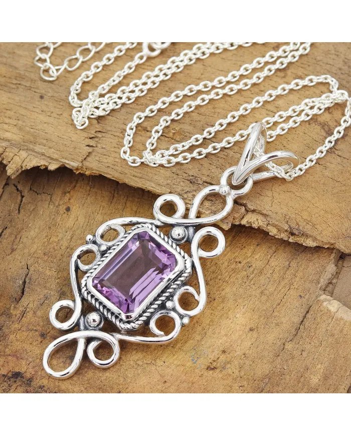 Natural Amethyst Pendant - 925 Sterling Silver Handmade Boho Jewelry