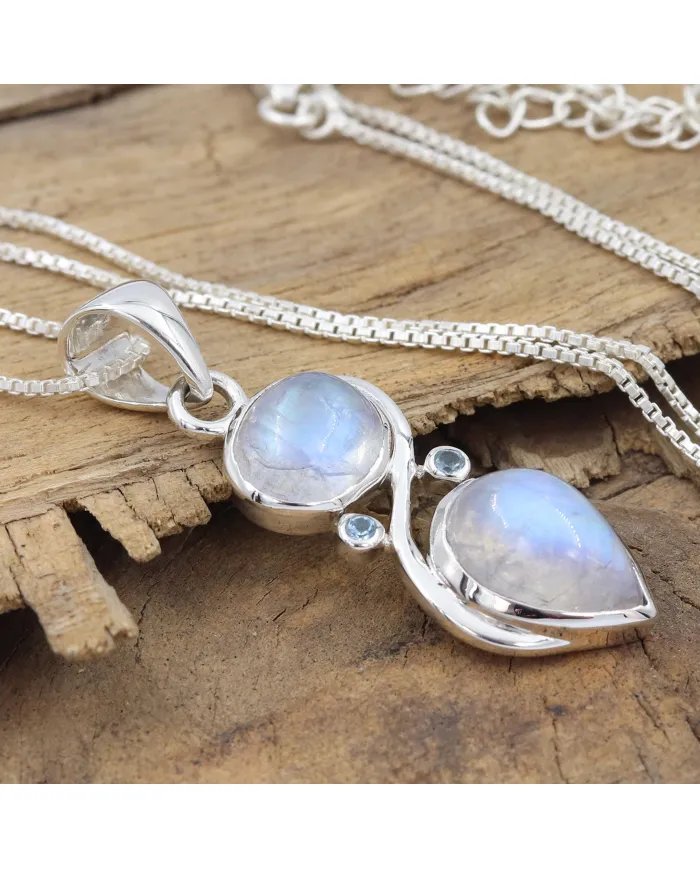 Rainbow Moonstone & Swiss Blue Topaz Pendant - Sterling Silver Jewelry