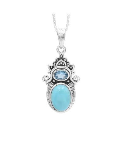 Arizona Turquoise & Swiss Blue Topaz Pendant Necklace - 925 Sterling Silver Jewelry