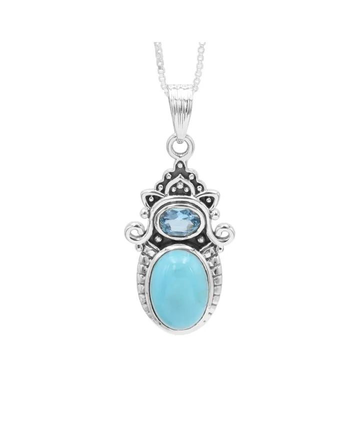 Arizona Turquoise & Swiss Blue Topaz Pendant Necklace - 925 Sterling Silver Jewelry