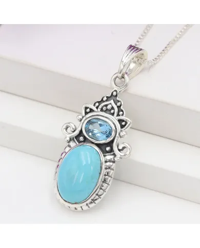 Arizona Turquoise & Swiss Blue Topaz Pendant Necklace - 925 Sterling Silver Jewelry