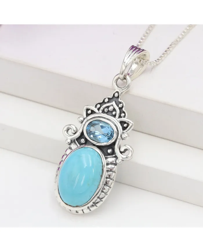 Arizona Turquoise & Swiss Blue Topaz Pendant Necklace - 925 Sterling Silver Jewelry