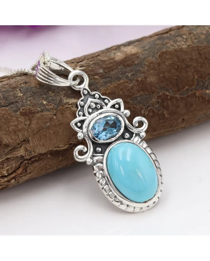 Arizona Turquoise & Swiss Blue Topaz Pendant Necklace - 925 Sterling Silver Jewelry