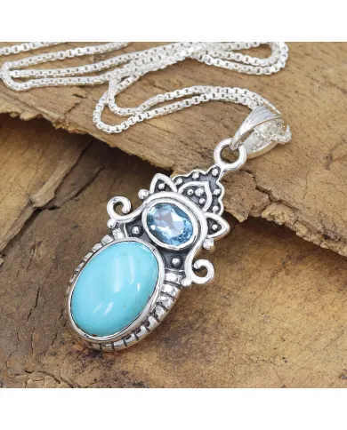 Arizona Turquoise & Swiss Blue Topaz Pendant Necklace - 925 Sterling Silver Jewelry
