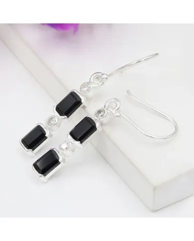 Black Onyx & Swarovski Crystal Earrings - 925 Sterling Silver Jewelry