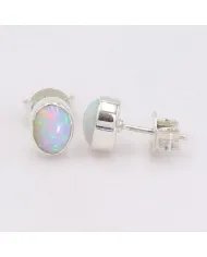 Ethiopian Opal Studs 925 Sterling Silver Oval Gemstone Handmade Jewelry