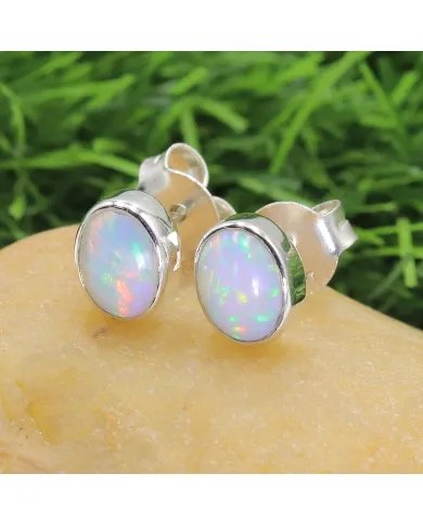 Ethiopian Opal Studs 925 Sterling Silver Oval Gemstone Handmade Jewelry