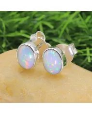 Ethiopian Opal Studs 925 Sterling Silver Oval Gemstone Handmade Jewelry