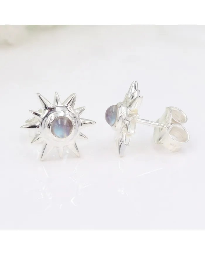 Natural Rainbow Moonstone Studs – Handmade 925 Sterling Silver Jewelry
