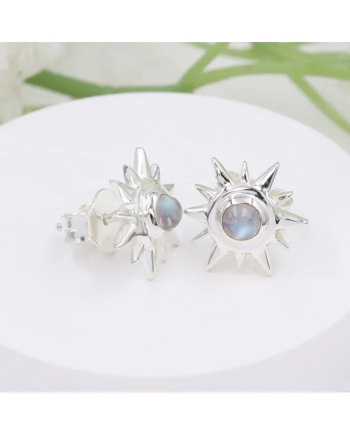Natural Rainbow Moonstone Studs – Handmade 925 Sterling Silver Jewelry