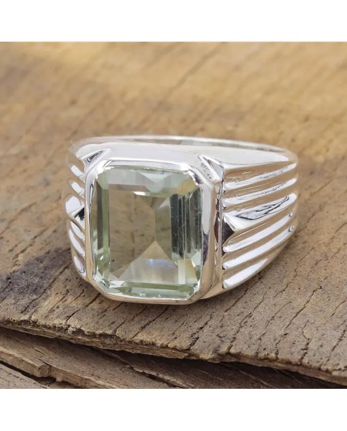 Green Amethyst Statement Ring - Sterling Silver Handmade Unisex Ring
