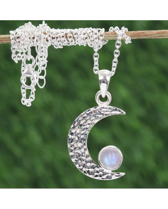Rainbow Moonstone Pendant – 925 Sterling Silver Crescent Charm Necklace