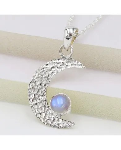 Rainbow Moonstone Pendant – 925 Silver Crescent Charm Necklace