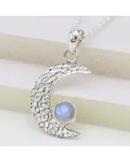 Rainbow Moonstone Pendant – 925 Silver Crescent Charm Necklace