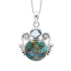 Blue Copper Turquoise Necklaces, Silver Pendant, Unique Design Pendant, Round Gemstone Pendant, Sky Blue Topaz Necklaces for Her