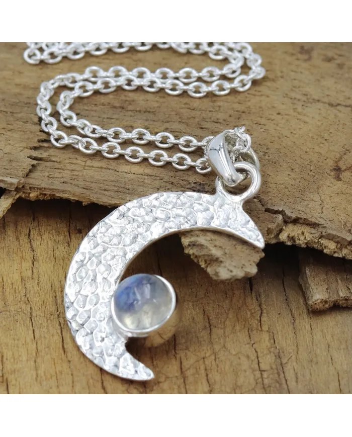 Rainbow Moonstone Pendant – 925 Silver Crescent Charm Necklace