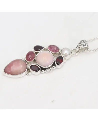Pink Opal Pendant – 925 Sterling Silver with Garnet, Tourmaline & Pearl