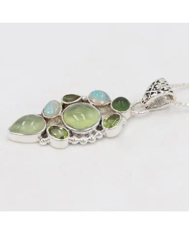Prehnite Pendant – 925 Sterling Silver with Ethiopian Opal, Idocrase & Peridot