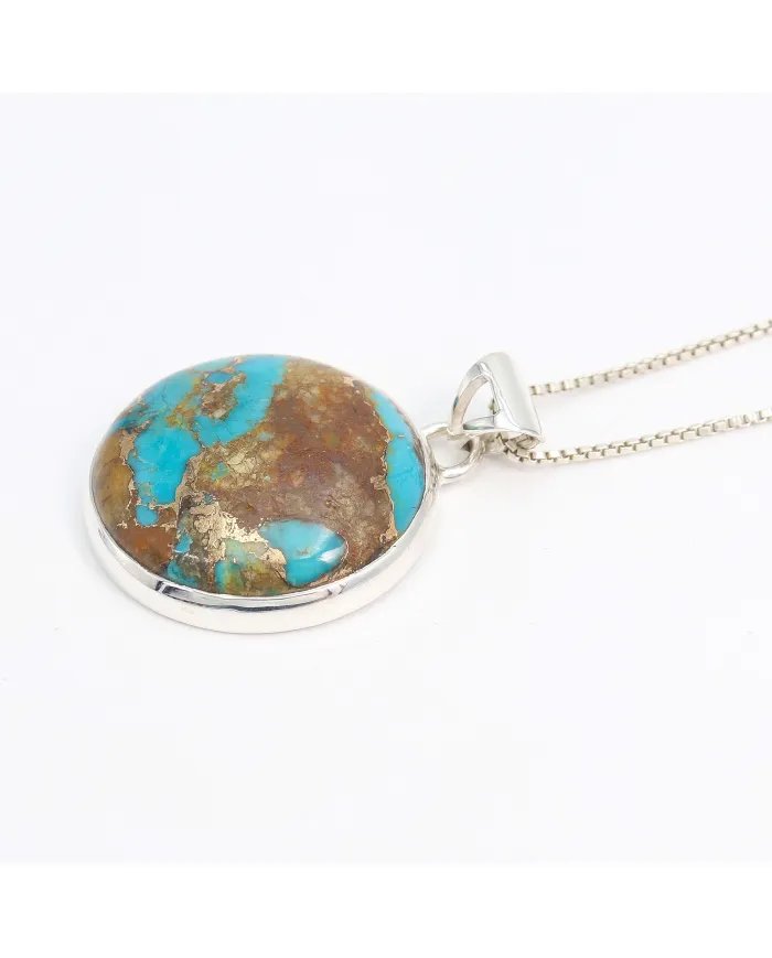 Boulder Turquoise Round Pendant – 925 Sterling Silver Handmade Jewelry