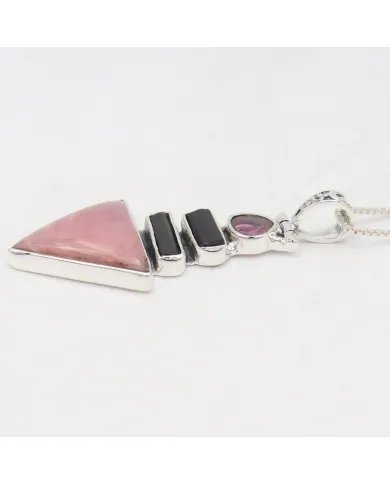 Natural Pink Opal & Tourmaline Pendant – Handmade 925 Silver Jewelry