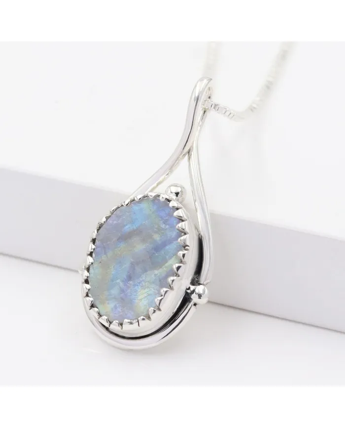 Rainbow Moonstone Pendant Necklace 925 Sterling Silver Healing Crystal