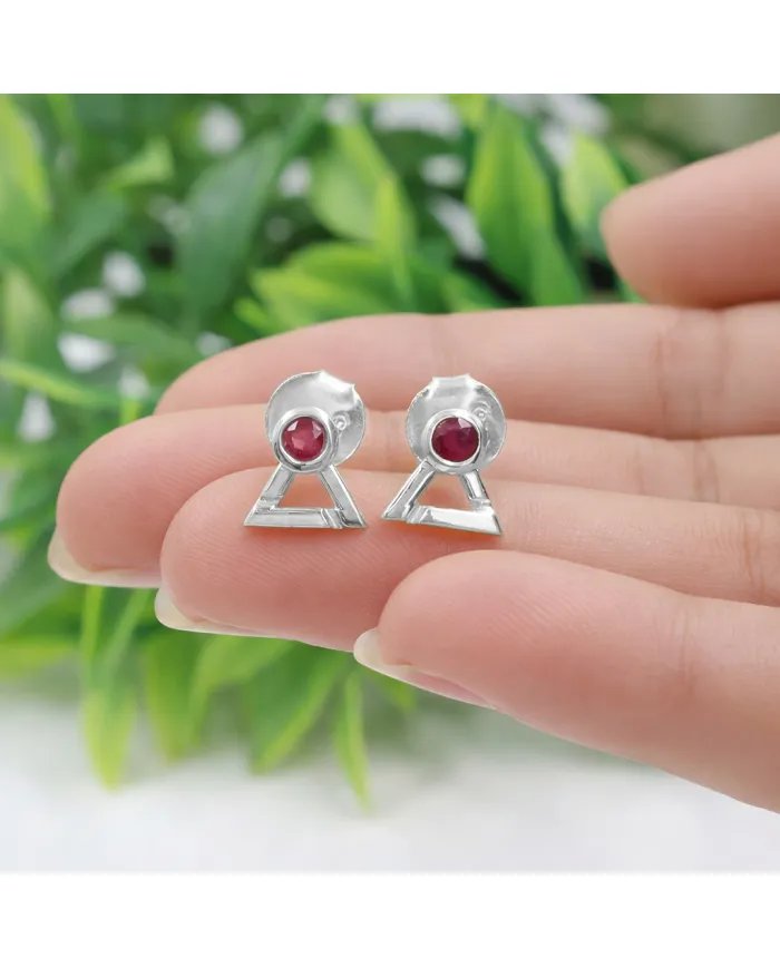 Natural Ruby Studs - 925 Sterling Silver Round Shape Gemstone Jewelry
