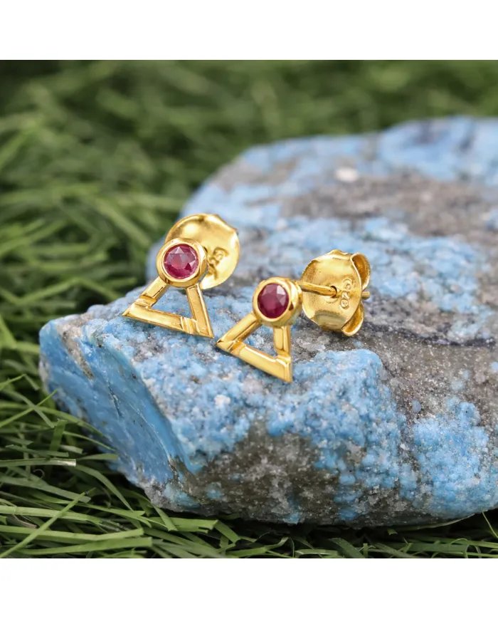 Natural Ruby Studs - Gold Plated 925 Sterling Silver Round Gemstone Jewelry