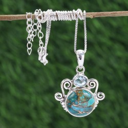 Blue Copper Turquoise Necklaces, Silver Pendant, Unique Design Pendant, Round Gemstone Pendant, Sky Blue Topaz Necklaces for Her