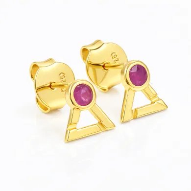 Natural Ruby Studs - Gold Plated 925 Sterling Silver Round Gemstone Jewelry