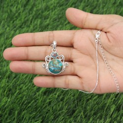 Blue Copper Turquoise Necklaces, Silver Pendant, Unique Design Pendant, Round Gemstone Pendant, Sky Blue Topaz Necklaces for Her