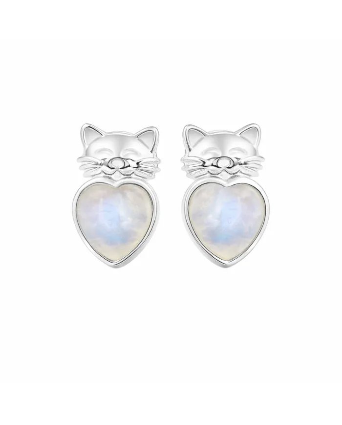 Rainbow Moonstone Heart Studs – 925 Sterling Silver Cute Kitty Jewelry