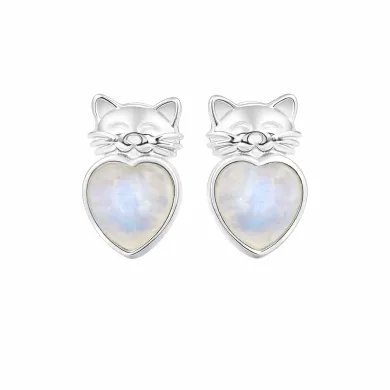 Rainbow Moonstone Heart Studs – 925 Sterling Silver Cute Kitty Jewelry
