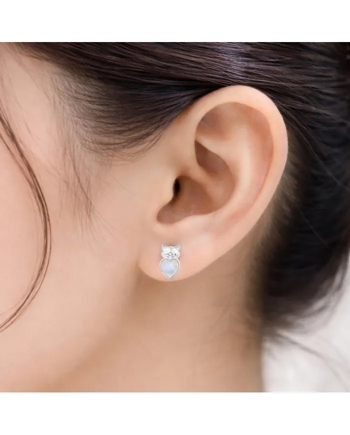 Rainbow Moonstone Heart Studs – 925 Sterling Silver Cute Kitty Jewelry