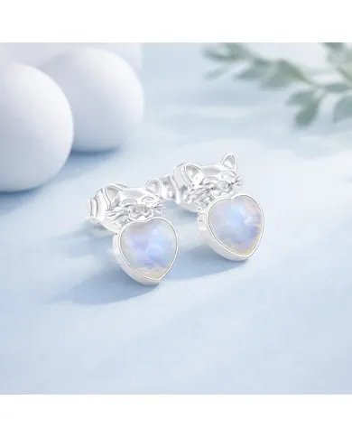 Rainbow Moonstone Heart Studs – 925 Sterling Silver Cute Kitty Jewelry