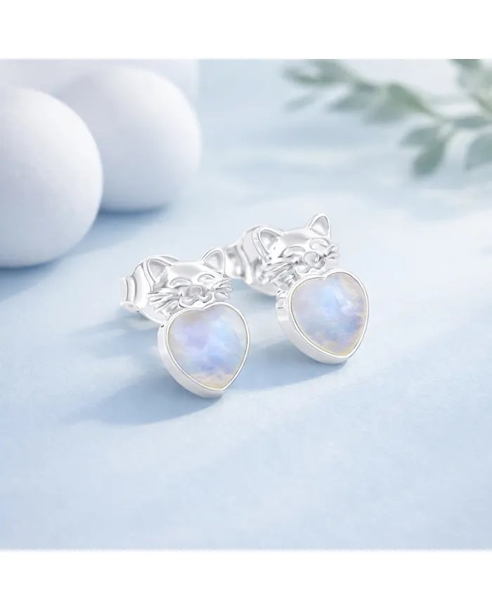Rainbow Moonstone Heart Studs – 925 Sterling Silver Cute Kitty Jewelry