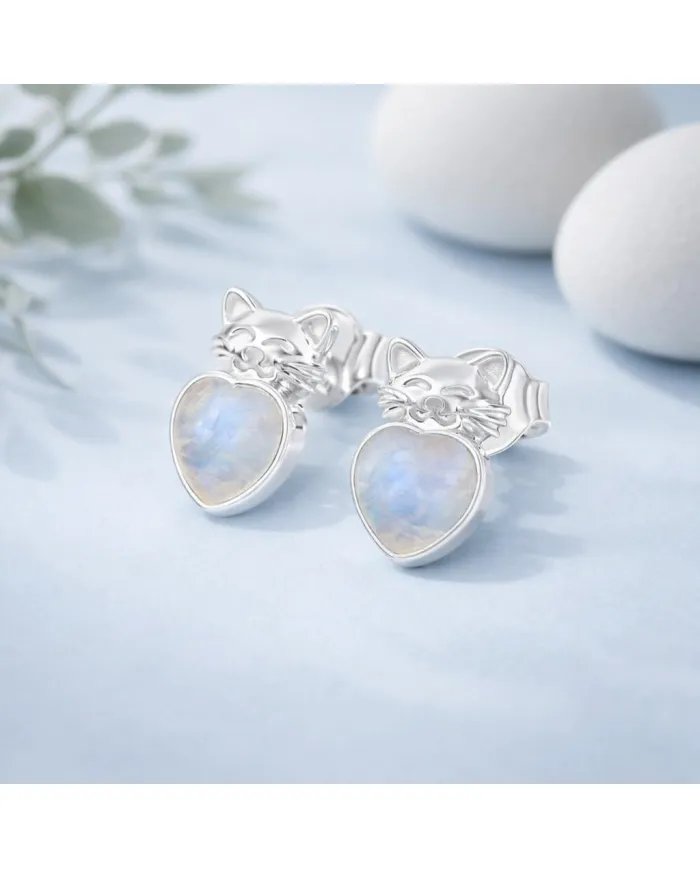 Rainbow Moonstone Heart Studs – 925 Sterling Silver Cute Kitty Jewelry